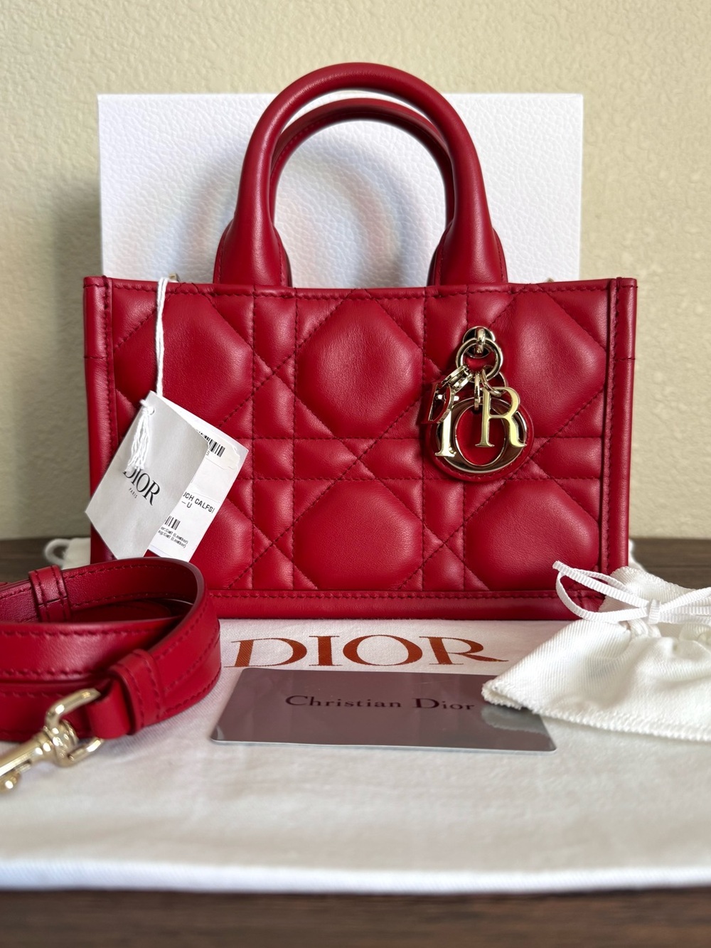 NEW DIOR Mini Book Tote on Strap in Red Calfskin Leather